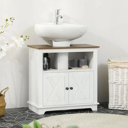 Farmhouse Under Sink Bathroom Cabinet, Pedestal Vanity Storage Cabinet with Double Doors and Storage Shelves, Bathroom