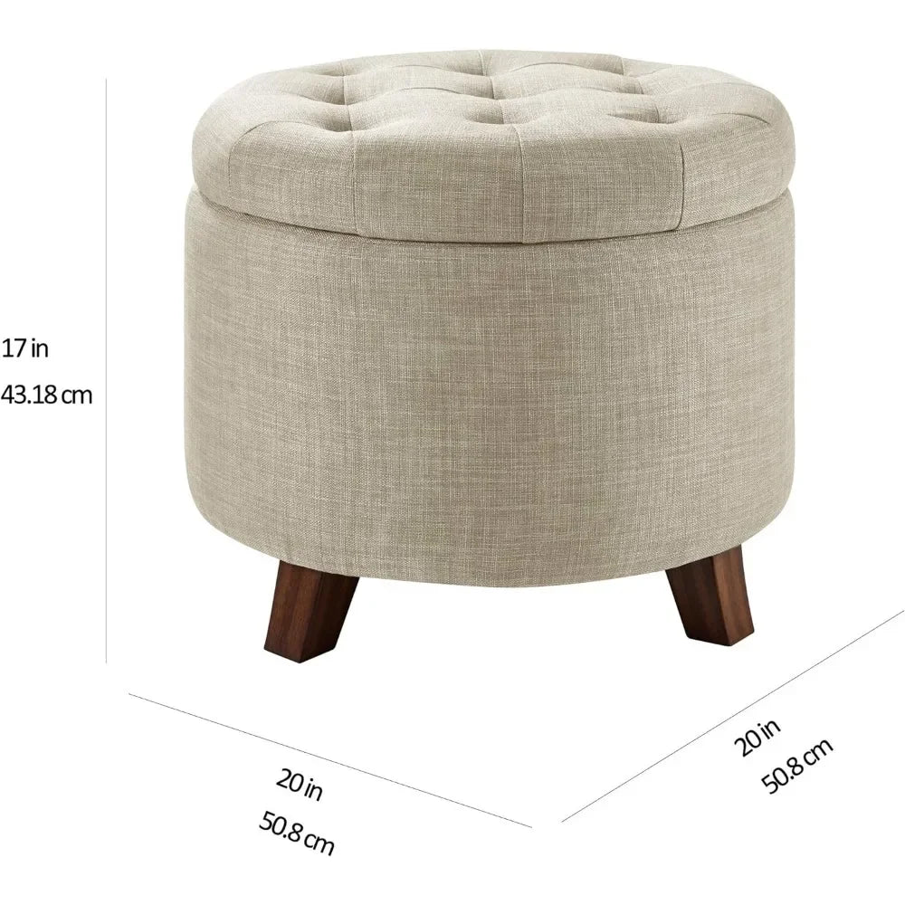 Upholstered Tufted Storage Round Ottomans, Burlap Beige, ‎20"W x 20"D x 17"H Footstool for Living Room,Bedroom,Office Ottoman