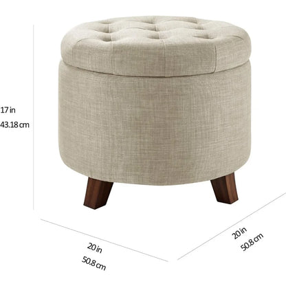 Upholstered Tufted Storage Round Ottomans, Burlap Beige, ‎20"W x 20"D x 17"H Footstool for Living Room,Bedroom,Office Ottoman