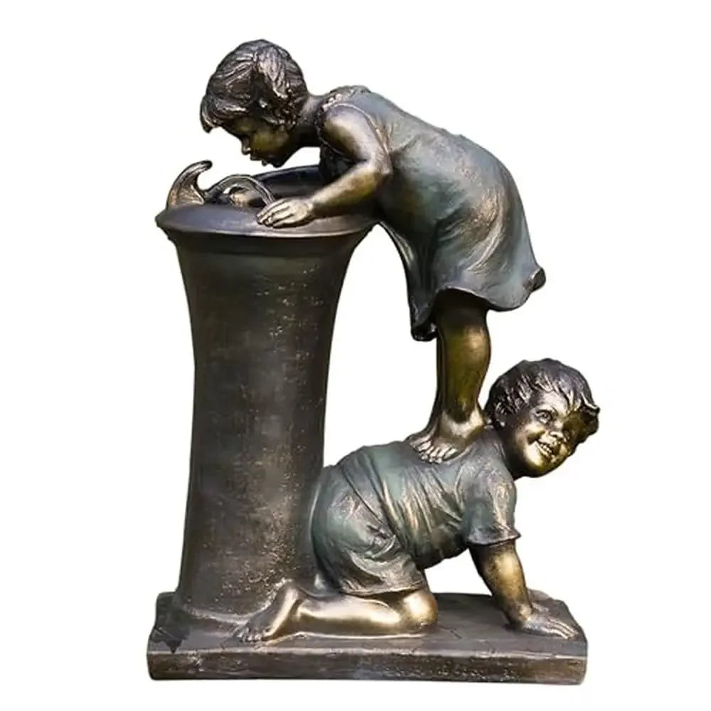 Outdoor Garden Waterfall Fountain Playful Boy and Girl Drinking Water Feature 27" Joyful Bronze Nostalgic Stone Decor Rust