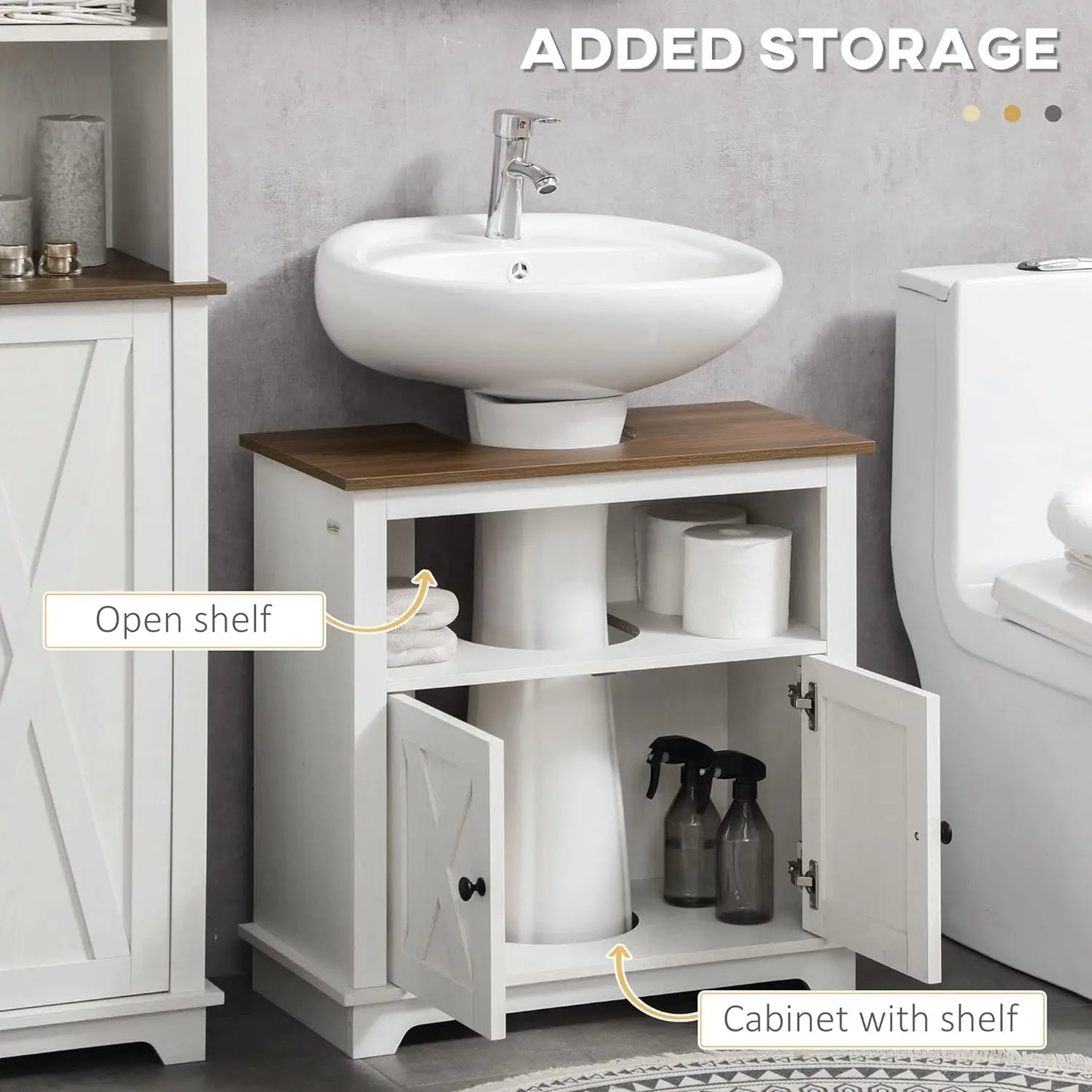 Farmhouse Under Sink Bathroom Cabinet, Pedestal Vanity Storage Cabinet with Double Doors and Storage Shelves, Bathroom