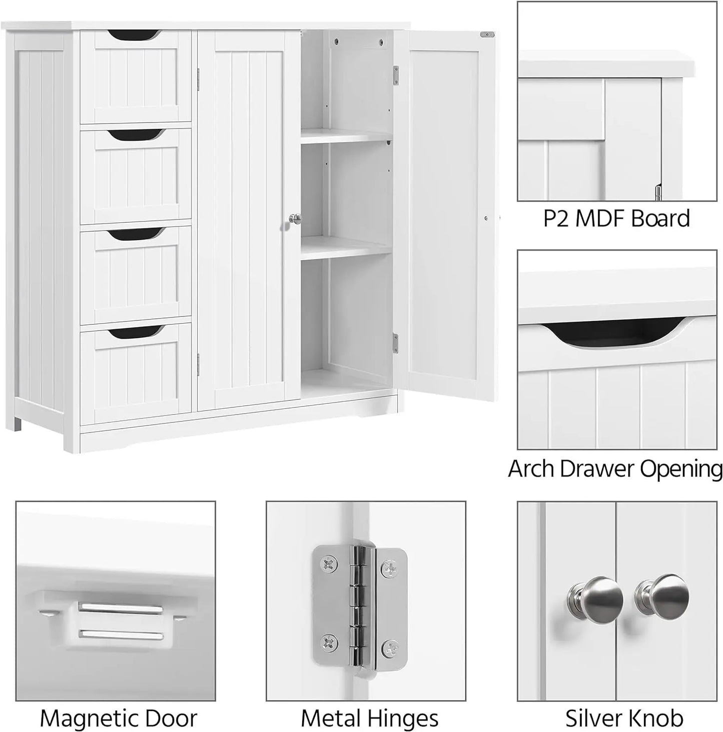 Wooden bathroom cabinet with 4 drawers and double doors, bathroom furniture and home decoration, white