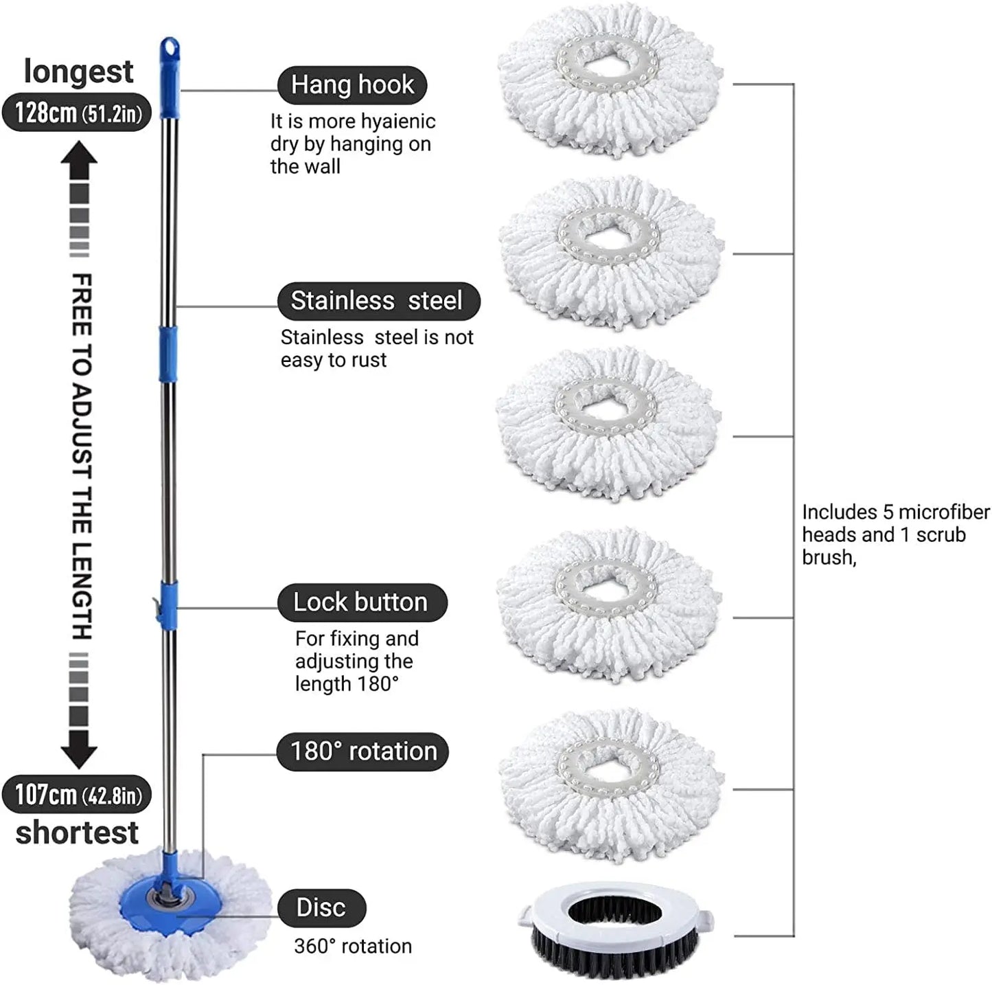 MASTERTOP Spin Mop and Bucket with Wringer Set, Foot Pedal, 360°Rotation, 5 Microfiber Mop Pads, 1 Brush Head, Hardwood Floor