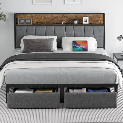 Queen Size Bed Frame with Headboard and Storage, Drawers Platform Bed Frame with Storage Chargin Station LED Light Bed Frame