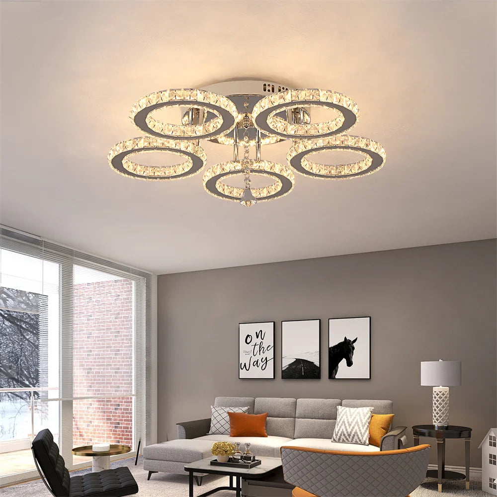 Modern Crystal Chandelier with App Dimmable Ceiling Light Fixture Rings Shape Flush Mount Chandelier for Bedroom Living Room