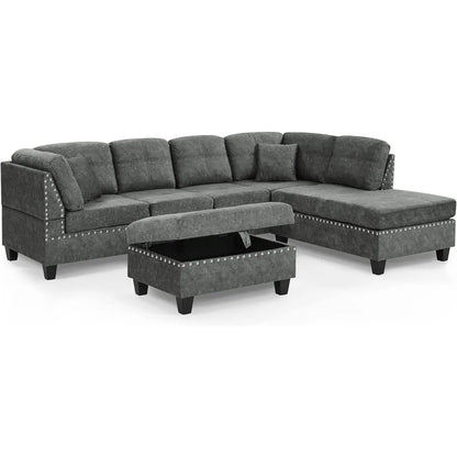 Living Room Furniture Sets,Sectional Sofa with Storage Ottoman,L-Shaped 2 Pillows&Extra Wide Reversible Chaise,