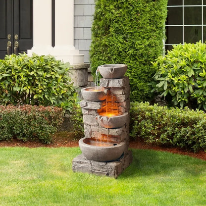 33.25 in. Cascading Bowls and Stacked Stones LED Outdoor Water Fountain for Gardens, Landscaping, Patios, Balconies