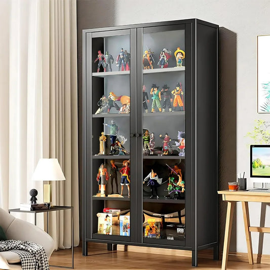 67" Display Cabinet, 6 Tier Curio Display Cabinet with Tempered Glass Door and Adjustable Shelves Storage Cabinets