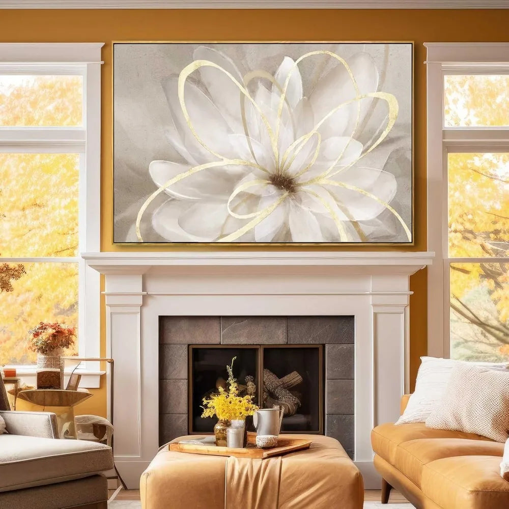 Living room flower wall art 32x48 inch gold large artwork painting, used for bedroom, kitchen, home office