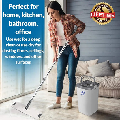 X3 Mop, Separates Dirty and Clean Water, 3-Chamber Design, Flat Mop and Bucket Set, Hands Free Home Floor Cleaning