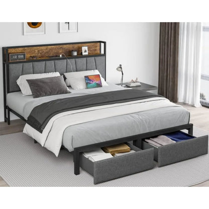 Queen Size Bed Frame with Headboard and Storage, Drawers Platform Bed Frame with Storage Chargin Station LED Light Bed Frame