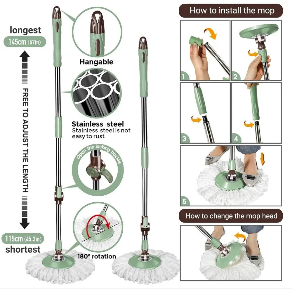 Spin Mop and Bucket with Wringer Set, Floor Cleaning System with Foot Pedal, Easy Wring, Adjustable Handle