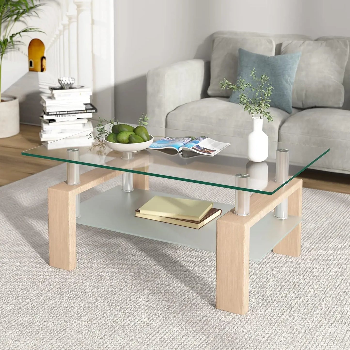 Rectangler Center Table with LED Lights2-Tier Tea Table Modern Side Coffee Table for Living Room