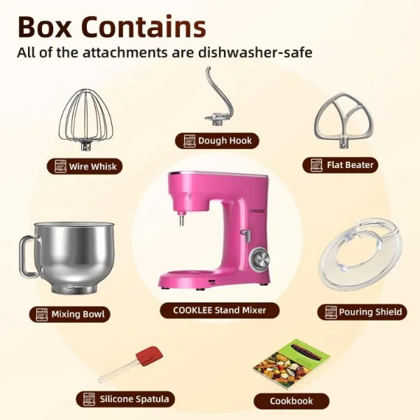 COOKLEE Stand Mixer, 9.5 Qt. 660W 10-Speed Electric Kitchen Mixer with Dishwasher-Safe Dough Hooks, Flat Beaters