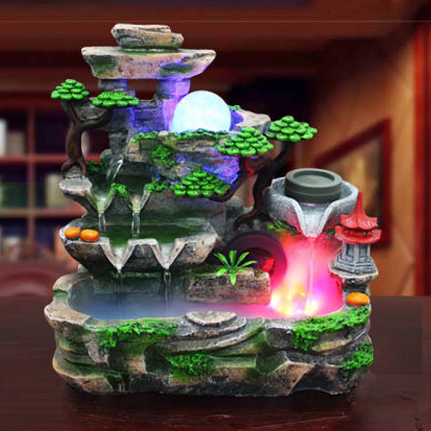 Waterfall Fountain Desktop Water LED Color Chang Rockery Table Home Feng Shui Indoor Mist Resin Rockery decoration 27cm