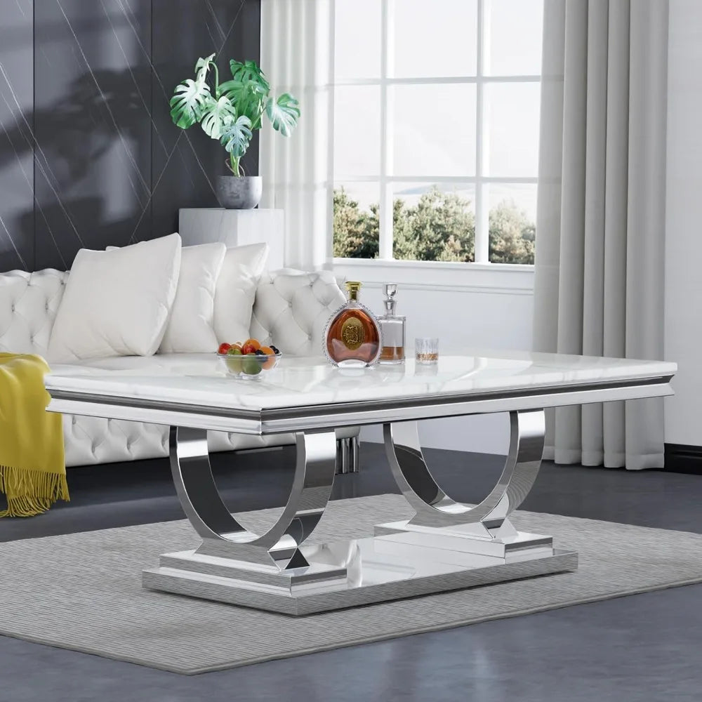 47" Rectangular Coffee Table, Modern White Faux Marble Cocktail Table, with Silver Mirrored Finish U-Shape Stainless Steel Base