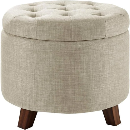 Upholstered Tufted Storage Round Ottomans, Burlap Beige, ‎20"W x 20"D x 17"H Footstool for Living Room,Bedroom,Office Ottoman