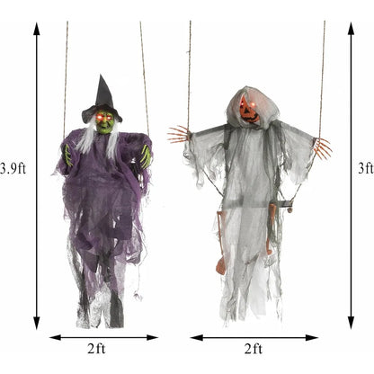 Outdoor Halloween Decorations 2 Packs Hanging Ghosts Halloween Decor with Lighted Up Eyes, 3.9ft Witch Decor / 3ft Pumpkin Face