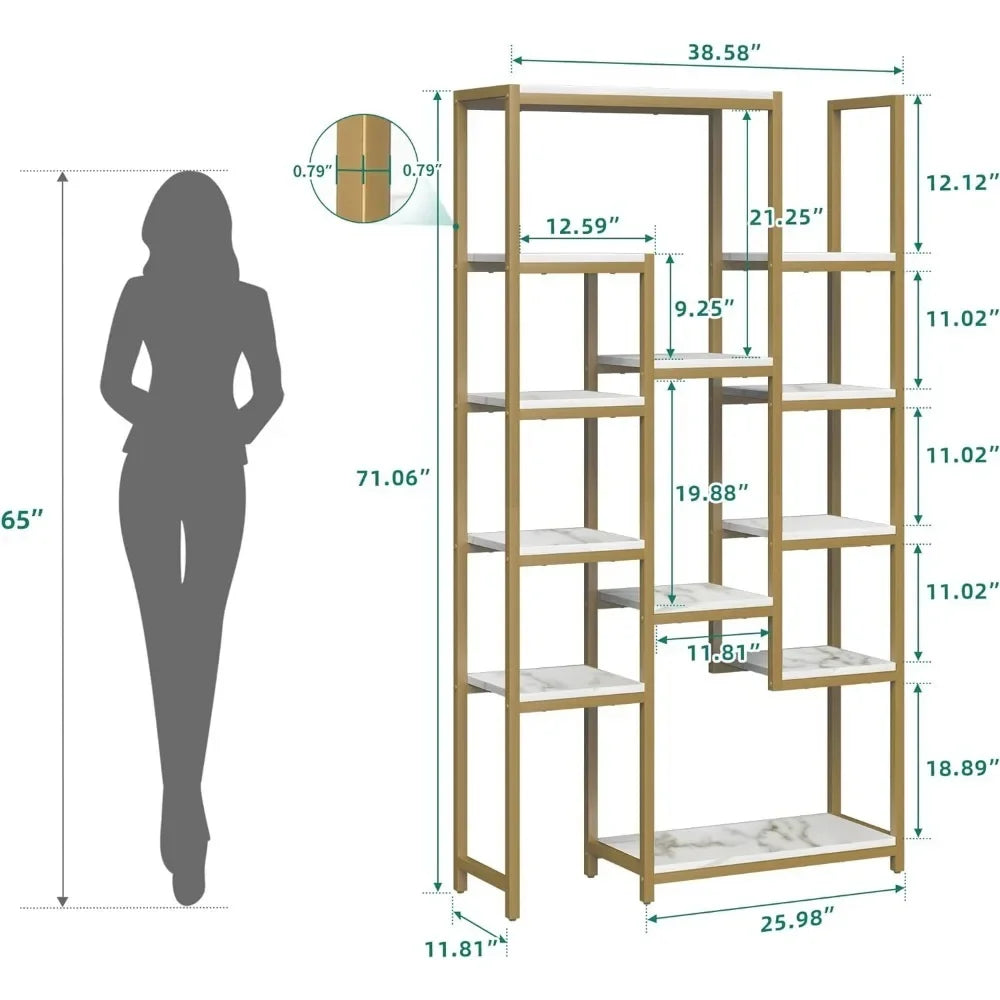 Home Decorations 6 Tier Gold Bookshelf Home Decor Items 71” Tall Modern Free Standing Bookshelf With 12 Shelf Bookcase Room Wall