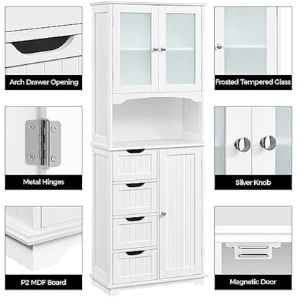 Tall Storage Cabinet with Glass Door, Bathroom Floor Cabinet 65.5″, Kitchen Pantry Storage Cabinet with Open Compartment