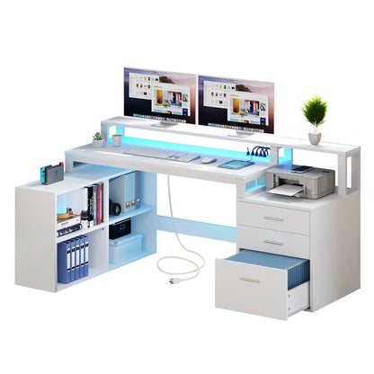 Office Furniture Desk Sets ,65" L Shaped Desk With Power Outlets And Monitor Stand , Computer Desk With LED Light &File Cabinet