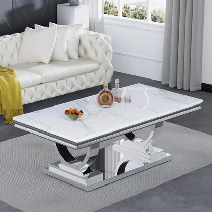 47" Rectangular Coffee Table, Modern White Faux Marble Cocktail Table, with Silver Mirrored Finish U-Shape Stainless Steel Base