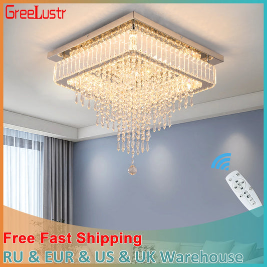 Luxury Crystal Square Bright Led Chandelier Modern Pendant Light Ceiling Lamp Dimmable Flush Mount Bedroom Dinning Living Room