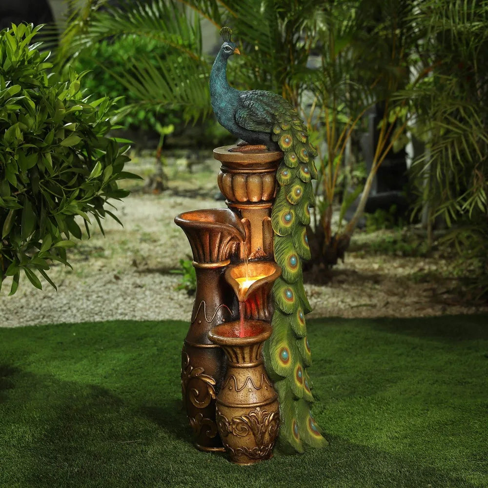 2024 New Outdoor Water Fountains, Resin Pedestal Garden Water Fountain Outdoor with LED Light for Garden Patio and Backyard