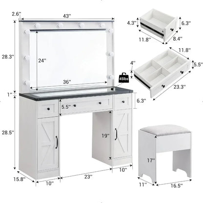 Make-up Dresser with Mirror and Lamp, Farmhouse Dresser Set, Including Stool, Bedroom, Off-white Mirrors for Bedroom