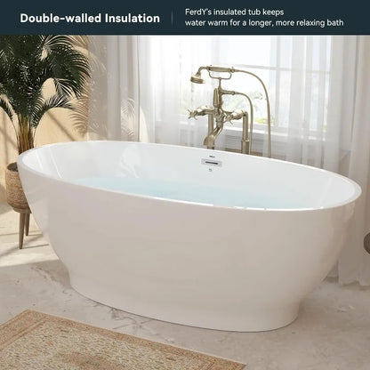 Acrylic freestanding bathtub, modern soaking tub with drain and overflow Including assembly