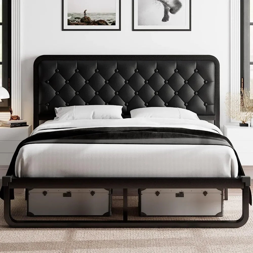 Bed frame, Upholstered Platform Bed Frame, with heavy duty steel slats, diamond tufted headboard