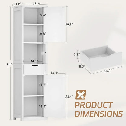 Bathroom Storage Cabinet, Slim Corner Floor Cabinet with Doors and Drawer, Freestanding Narrow Organizer with Adjustable Shelves