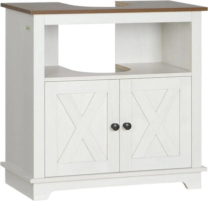 Farmhouse Under Sink Bathroom Cabinet, Pedestal Vanity Storage Cabinet with Double Doors and Storage Shelves, Bathroom