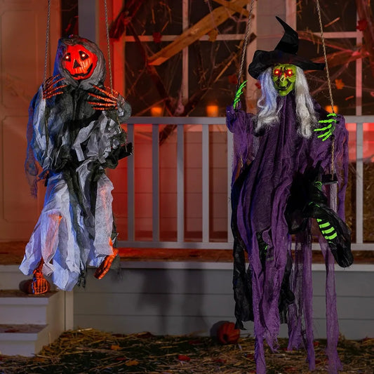 Outdoor Halloween Decorations 2 Packs Hanging Ghosts Halloween Decor with Lighted Up Eyes, 3.9ft Witch Decor / 3ft Pumpkin Face