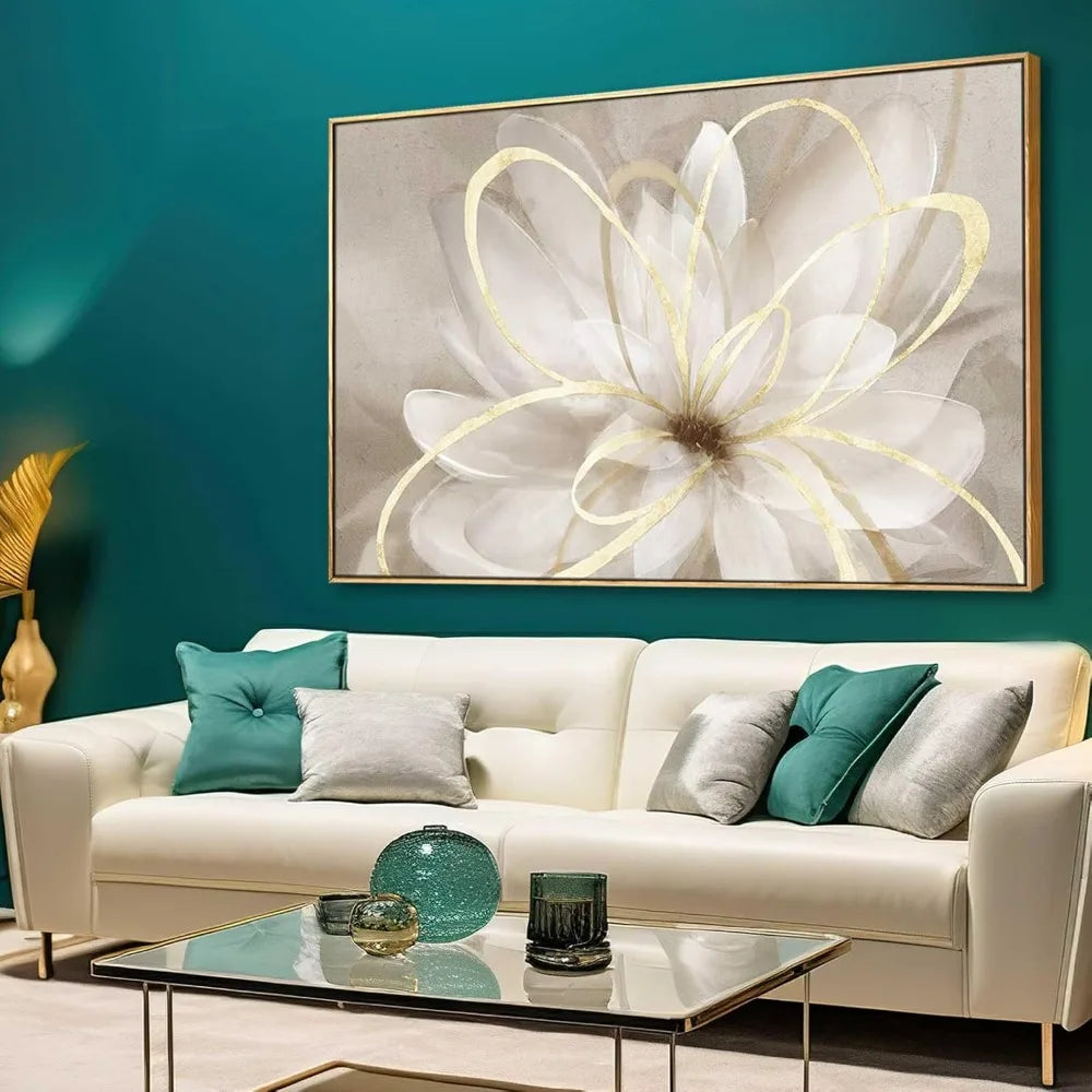 Living room flower wall art 32x48 inch gold large artwork painting, used for bedroom, kitchen, home office