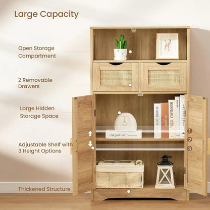 Iwell Storage Cabinet, Rattan Cabinet with 2 Drawers and Adjustable Shelves, Cupboard, Floor Cabinet with Doors for Living Room