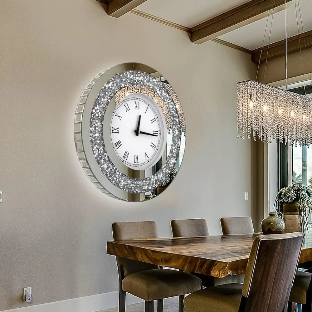 Crystal Sparkling Diamond Mirror Wall Clock: