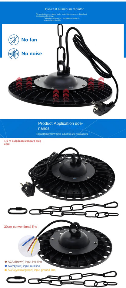 100W 150W 200W UFO LED High Bay Light UFO Industrial Light, High Lumen,No Fan,Garage Light, High Bay Shop Light, 4000K-6500K