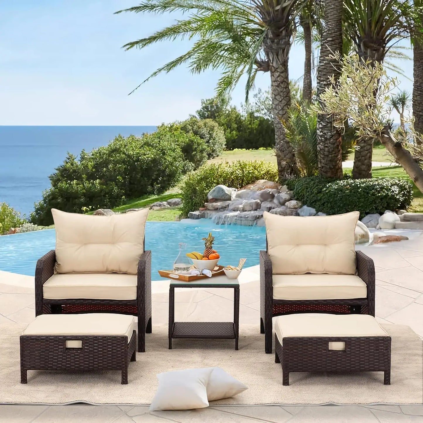 Patio Furniture Set, Outdoor Rattan Chairs with Tempered Glass Coffee Table, Ottomans & Soft Cushions, Wicker Conversation  Set