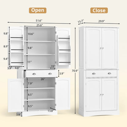 71" H Freestanding Cupboard with 2 Storage Cabinet, 1 Drawer and 4 Adjustable Shelves,Large Tall Pantry Cupboard for Dining Room