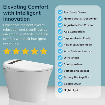 Electronic Bidet Toilet Tankless Toilet with Heated Seat Flush and Advanced Toe Touch Technology Smart Toilet for Bathroom