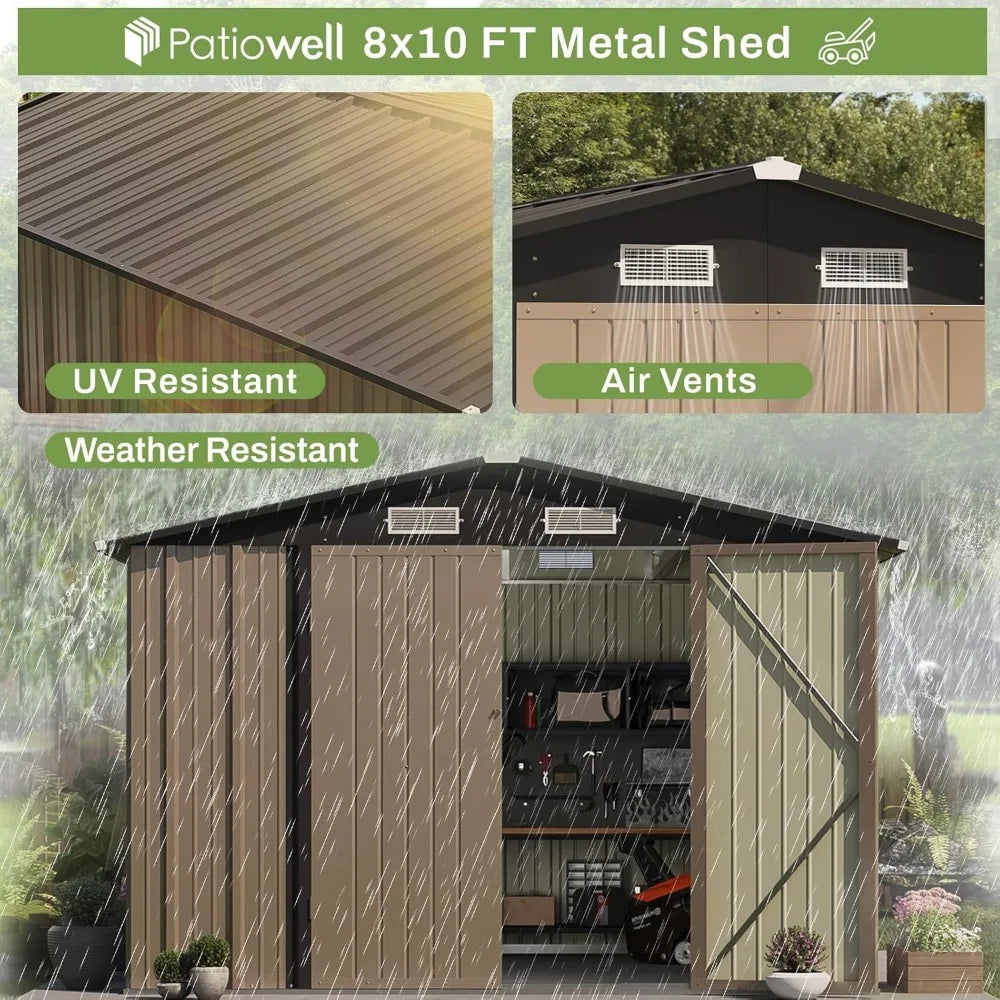 8x10 FT Outdoor Storage Shed, Large Garden Tool Metal Shed with Sloping Roof and Double Lockable Door,Outdoor Shed for Backyard