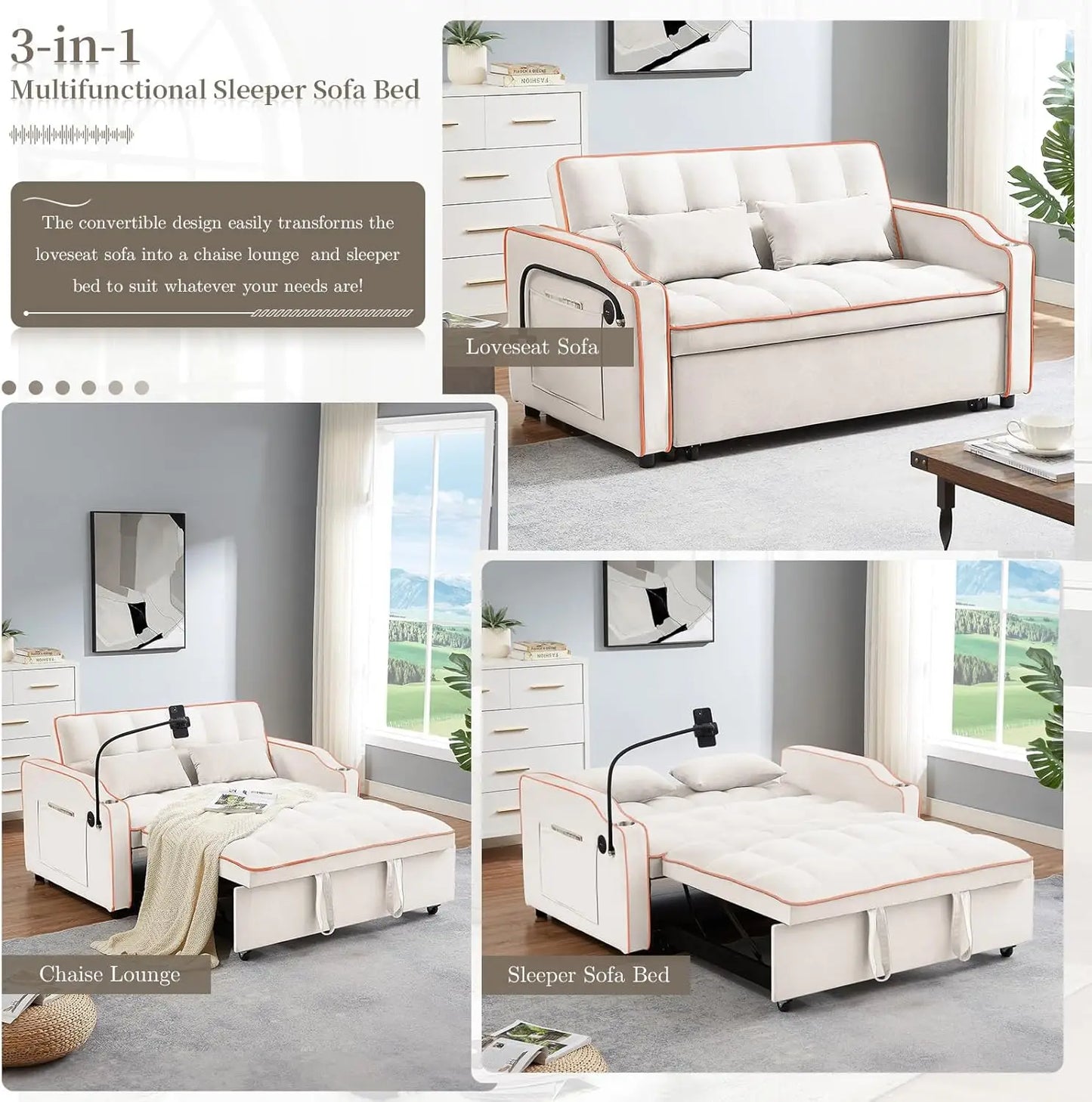 Velvet Convertible Couch Bed-Sofa: Charge, Relax, Sleep.