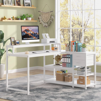 Tribesigns Reversible L Shaped Desk with Drawer, Industrial Corner Desk Home Office Table with Shelves and Monitor Stand