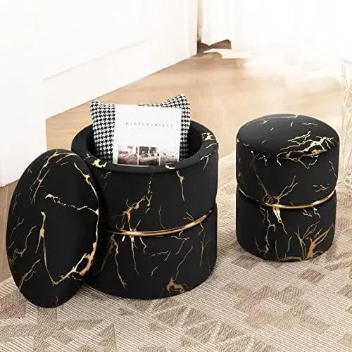 Round Black Velvet  Ottoman , Modern Upholstered Vanity Ottoman Footrest Stool Indoor Ottoman for Entryway Living Room Bedroom D