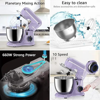 3-IN-1 Electric Stand Mixer Set 660W 10-Speed with Pulse Button 6.5QT Bowl Dough