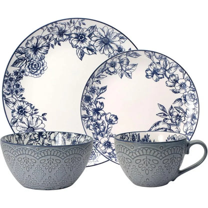 Gabriela Blue 16-Piece Dinnerware Set, Service for 4