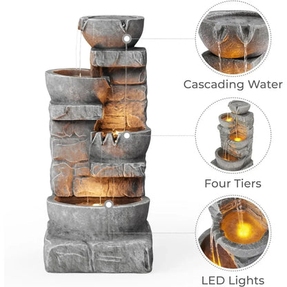 33.25 in. Cascading Bowls and Stacked Stones LED Outdoor Water Fountain for Gardens, Landscaping, Patios, Balconies