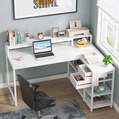 Tribesigns Reversible L Shaped Desk with Drawer, Industrial Corner Desk Home Office Table with Shelves and Monitor Stand