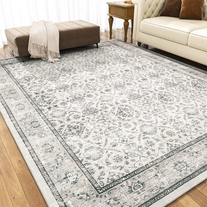 5x7 Washable Area Rug for Living Room Bedroom - Vintage Boho Carpet Large Soft Distressed Floral Floor Rug